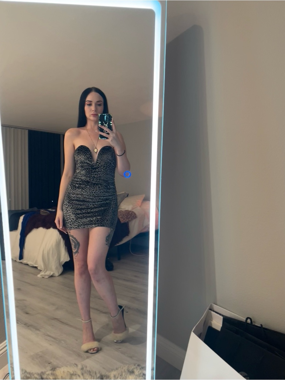 Blue Blush Strapless Leopard Velvet Mini Dress - Black and Gray - Picture 4 of 5